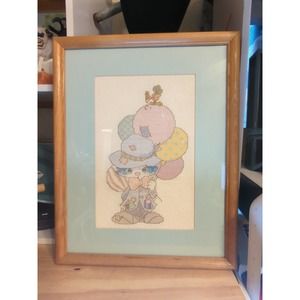 Precious Moments Finished Cross Stitch-Clown with Balloons Framed